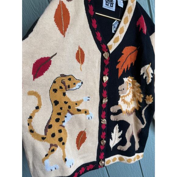 NWT Vintage Storybrook Knits Fall Animal Cardigan Leopard Fox Leaves Sweater L - Picture 3 of 6